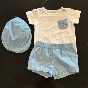 Three piece outfit with chambray shirts and cap
